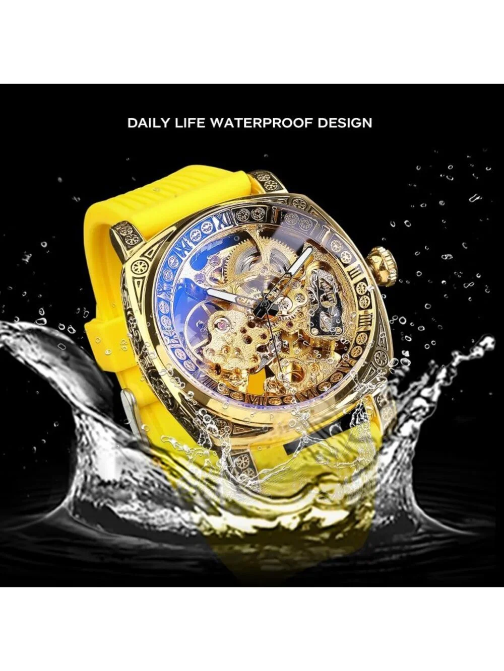 Men's Yellow Square Mechanical Rubber Strap Self-Wind Carved Automatic Watch